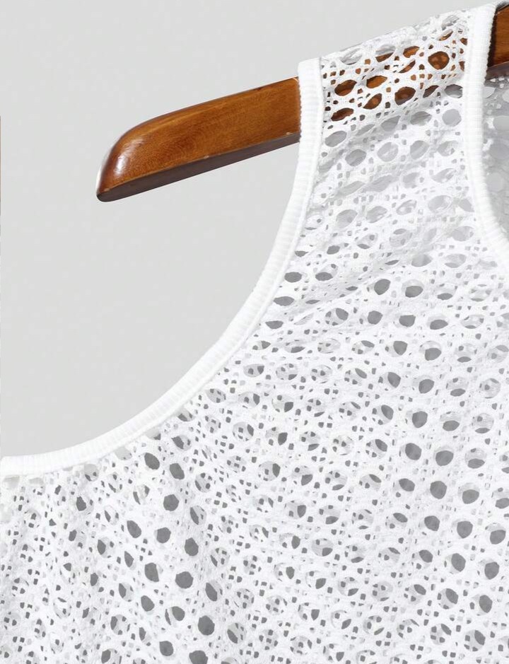Men's O-Neck Sleeveless Pointelle Hollow Out Tank Tops Casual T-Shirt